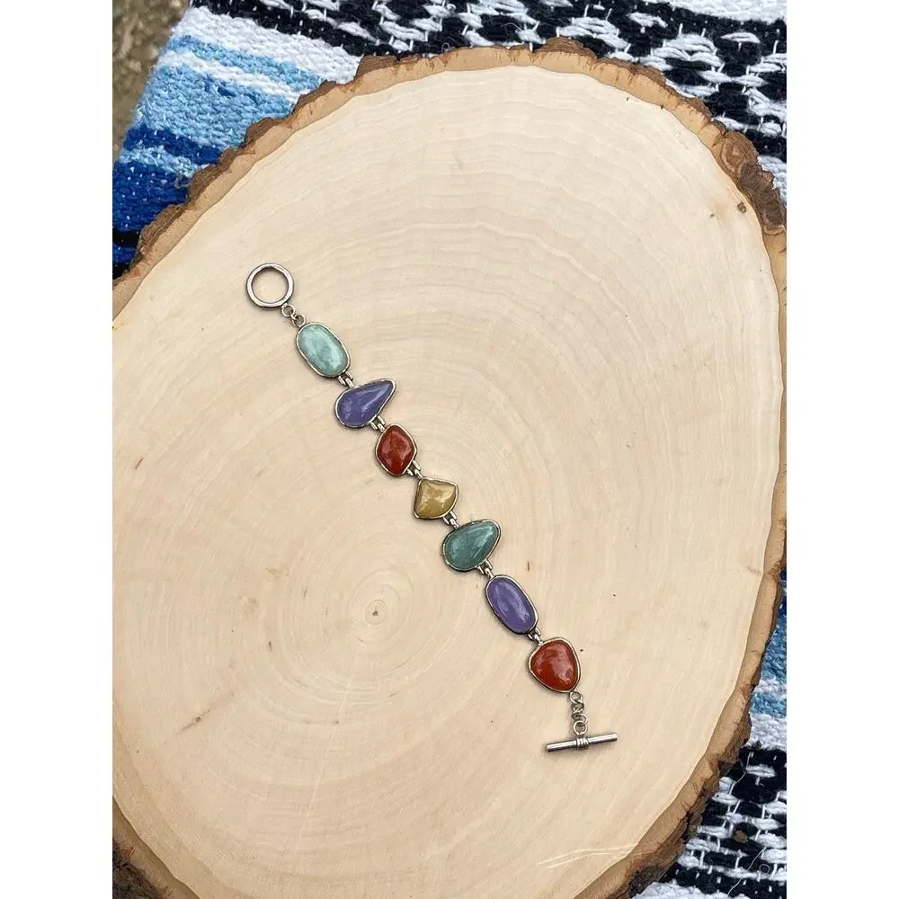 Vintage Sterling Silver Multicolor Jade Bracelet 26 grams